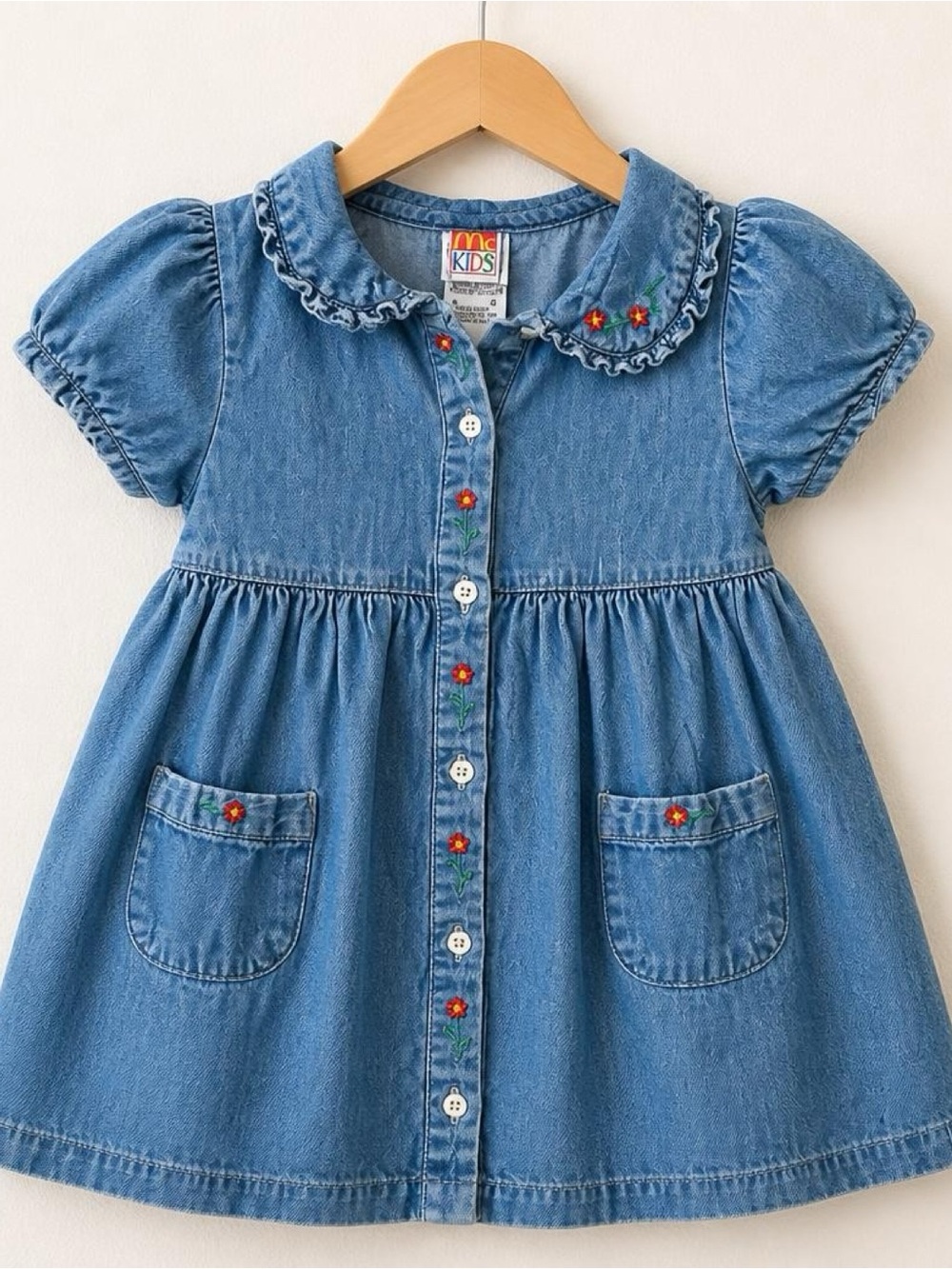 Vintage McKids Girls Denim Dress 4T Embroidered Floral Peter Pan Collar Pockets